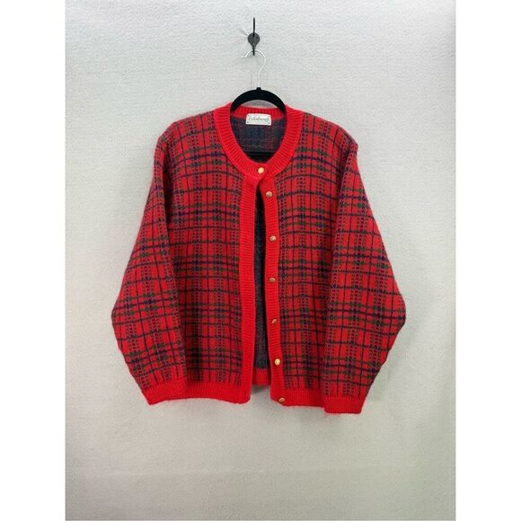 Vintage Edinburgh Women Tartan Plaid Mohair Blend Cardigan Sweater Size Large - Picture 1 of 11